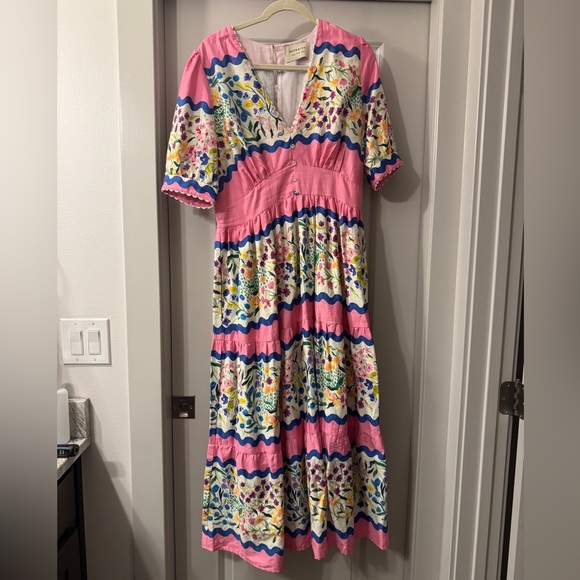 Hope & Ivy v-neck puff sleeve midi smock dress in multi - Picture 5 of 8